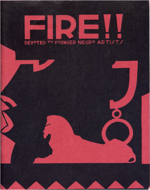 The original FIRE!! cover, 1926, designed by Aaron Douglas — a reclining sphinx and a profile silhouette in warm black against vermillion red.